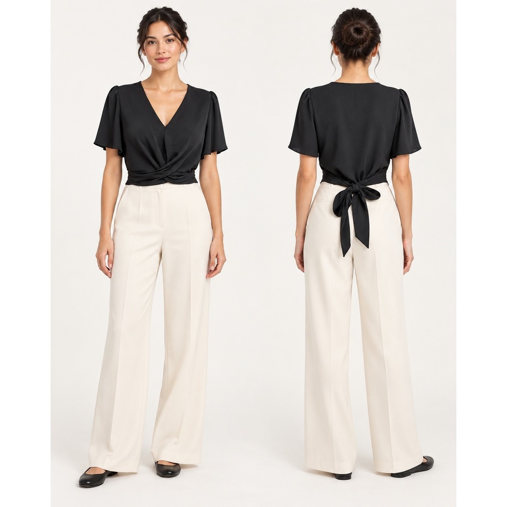 Banana Republic Women Black Wrap Top Size 12 V Neck Short Sleeve Tie Back Blouse